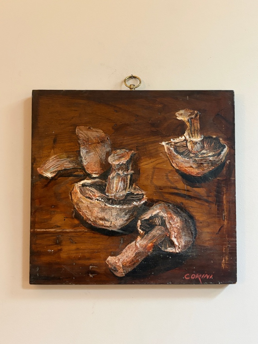 Corini Signed Vintage Mushroom Still Life Impasto Painting on Wood Cottage Art